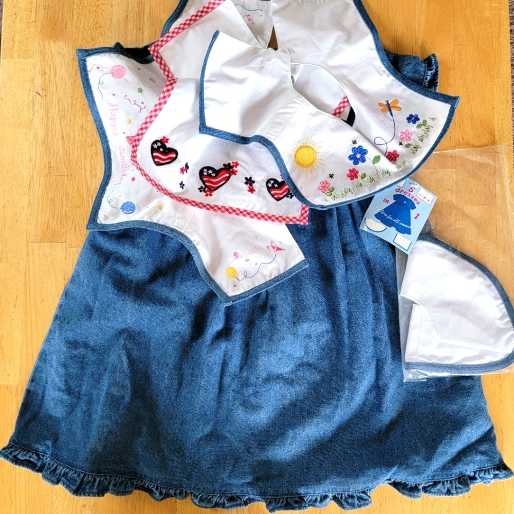 A Little Angel Dead Stock NWT Vintage 5 Piece Kids Cotton Denim & White Bib Set